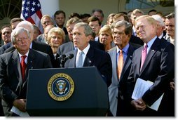 President George W. Bush along with bipartisan leaders from the House and Senate announced the Joint Resolution to authorize the use of the United States Armed Forces against Iraq. "The statement of support from the Congress will show to friend and enemy alike the resolve of the United States," President Bush said during the announcement in the Rose Garden, Wednesday, October 2, 2002. White House photo by Paul Morse.