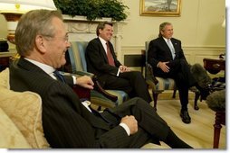 During a meeting with Secretary of Defense Donald Rumsfeld, President George W. Bush announces L. Paul Bremer, center, as the presidential envoy to Iraq in the Oval Office Tuesday, May 6, 2003. "He's a man of enormous experience; a person who knows how to get things done; he's a can-do type person," said the President of the former ambassador. White House photo by Paul Morse.